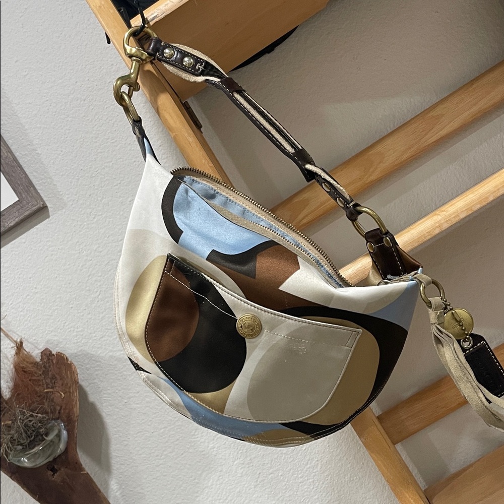Coach Satin Blue, Cream and Brown Shoulder Boho Bag